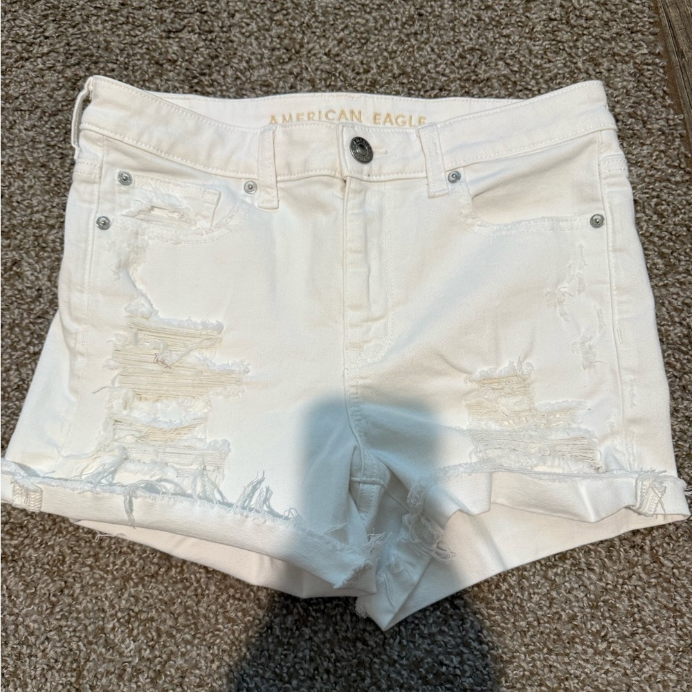 American Eagle Outfitters Women's Cream Distressed Jean Shorts
